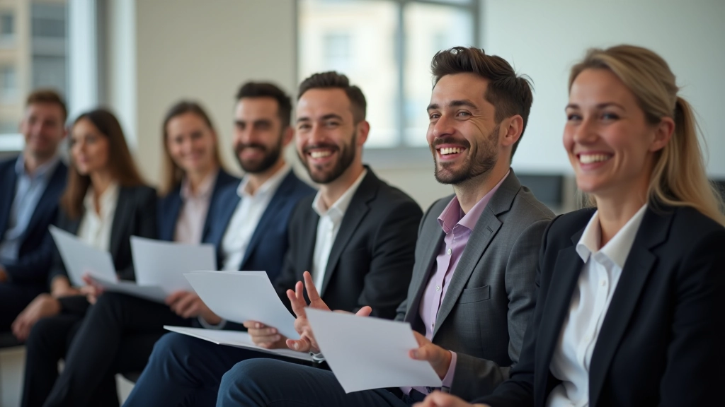 Grupo diverso de participantes em sala de aula moderna, celebrando conclusão de certificado de formação profissional