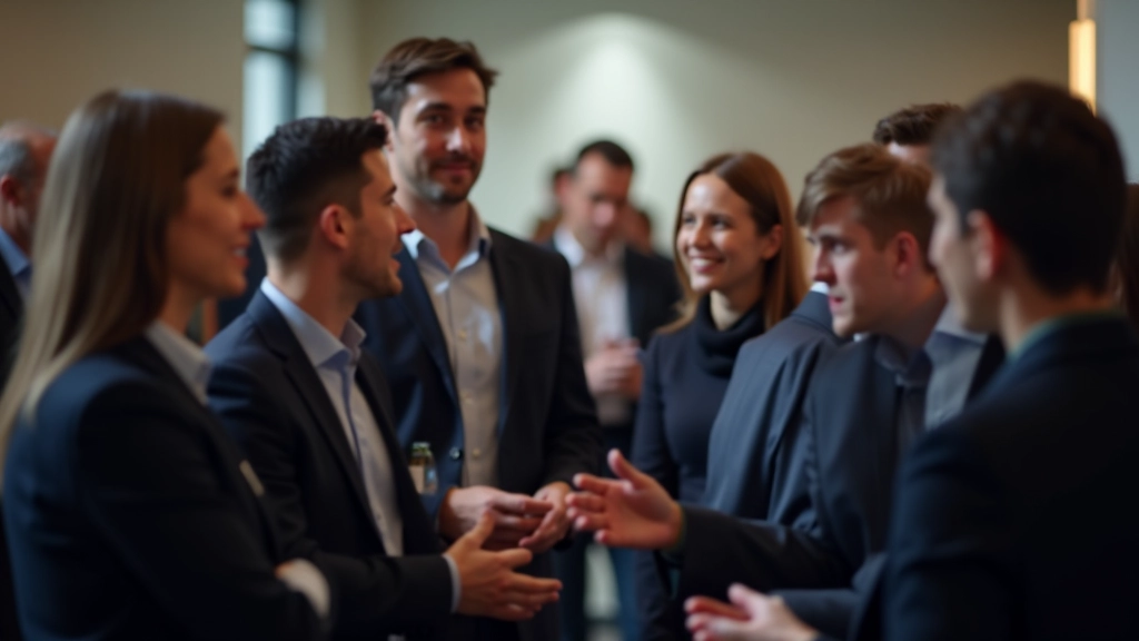 Profissional a participar em evento de networking com outros profissionais, conversas e troca de contactos