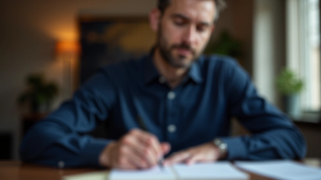 Homem profissional a fazer anotações durante sessão de coaching de carreira, expressão concentrada e pensativa