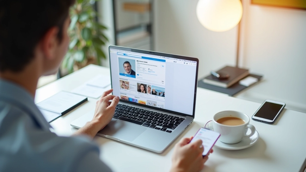 Profissional conectado online no LinkedIn, smartphone e laptop na secretária, rede de contactos visível