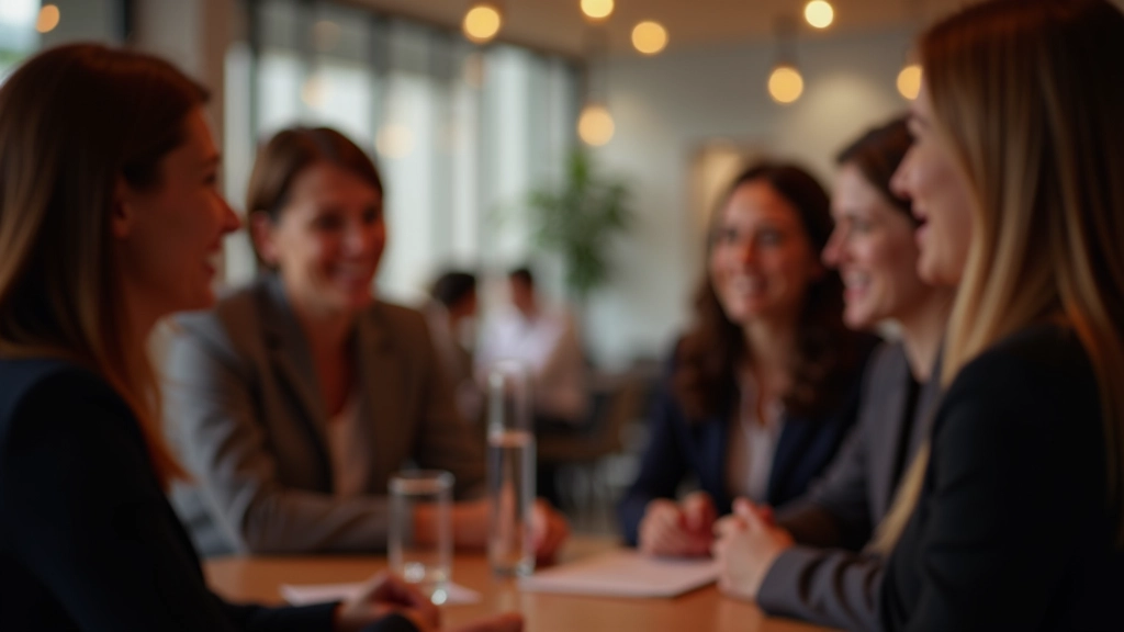 Profissional em reunião de networking em evento local português, conversando com colegas