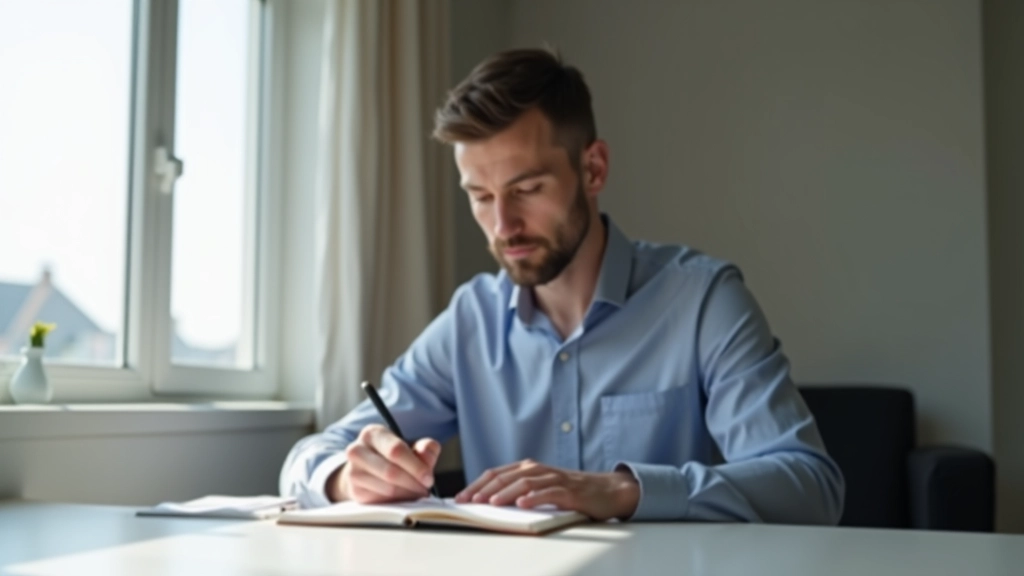 Pessoa a escrever avaliação de carreira e competências num caderno com gráficos de análise pessoal