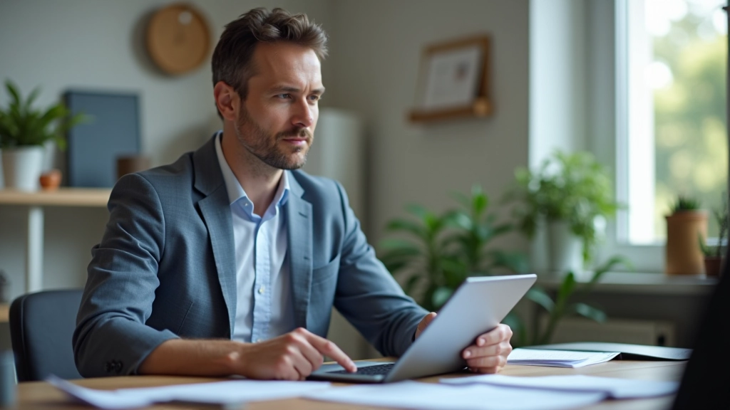 Profissional a preencher formulário de candidatura num tablet, junto a documentos organizados numa mesa de trabalho
