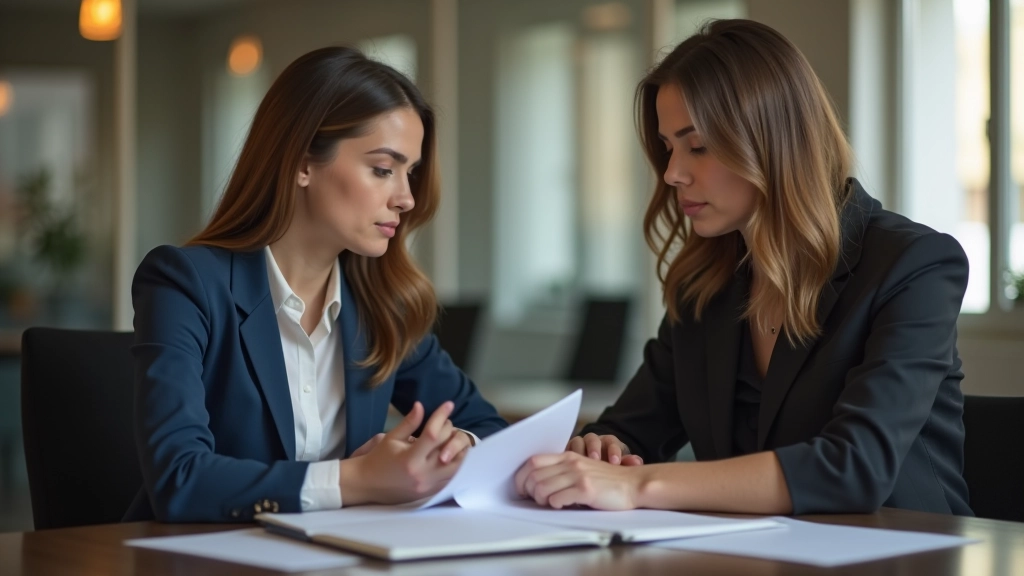 Dois profissionais em reunião de carreira, um com portfólio aberto, ambiente moderno de escritório português