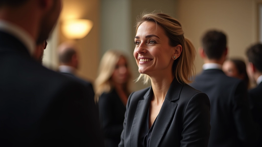 Profissional em evento de networking em Lisboa, pessoas conversando em ambiente corporativo moderno, luzes quentes de fundo