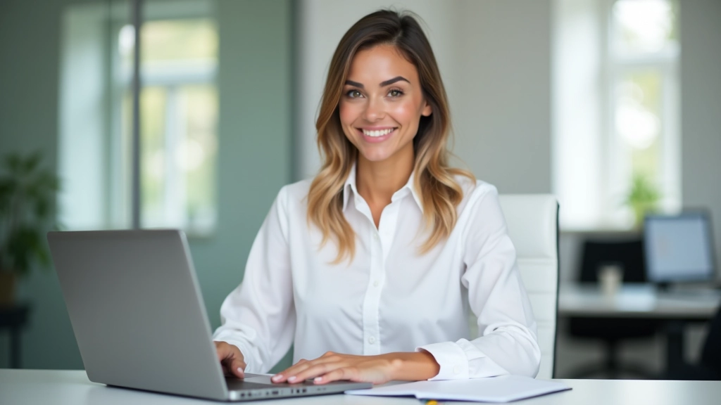 Profissional em ambiente de trabalho moderno, sentado à secretária com laptop, caderno e caneta, sorrindo para a câmara