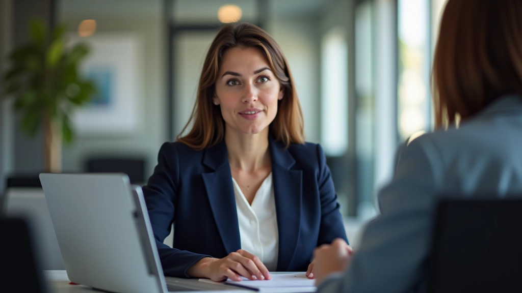 Mulher profissional numa entrevista de orientação, apontando para documentos num computador portátil durante sessão de aconselhamento de carreira