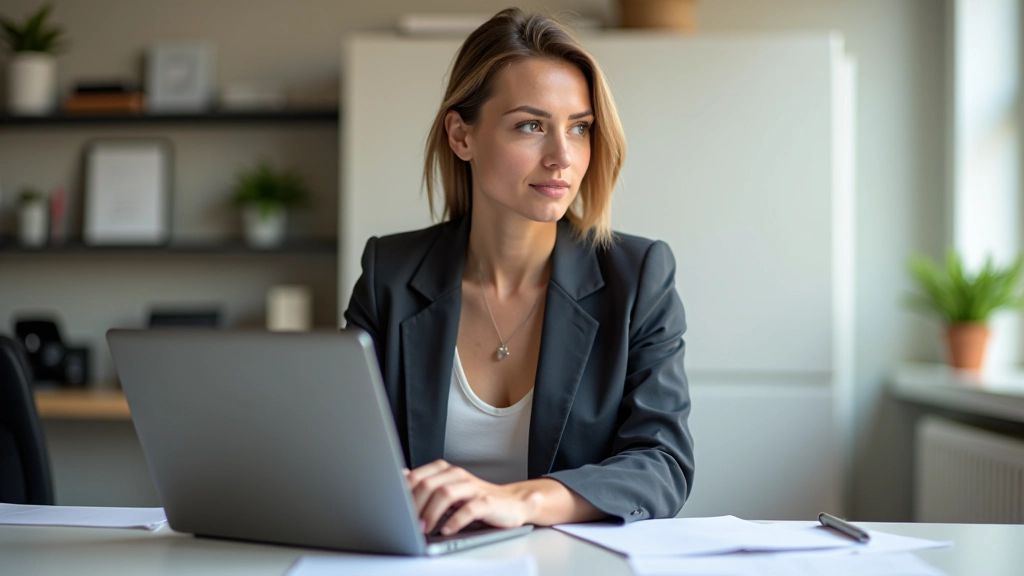 Mulher profissional a trabalhar num laptop com caderno de competências aberto, mesa organizada com documentos de carreira